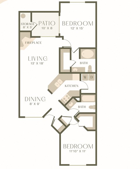 Floor plan for 2 beds, 2 baths, 1082 sqft